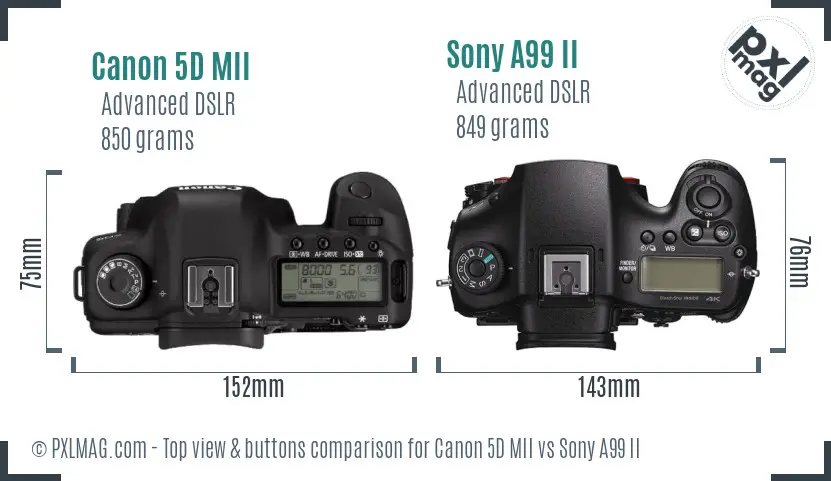 Canon 5D MII vs Sony A99 II top view buttons comparison