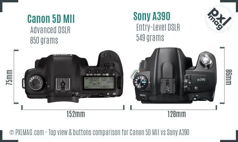 Canon 5D MII vs Sony A390 top view buttons comparison
