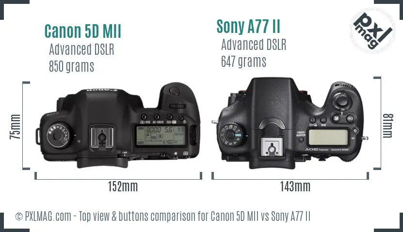 Canon 5D MII vs Sony A77 II top view buttons comparison