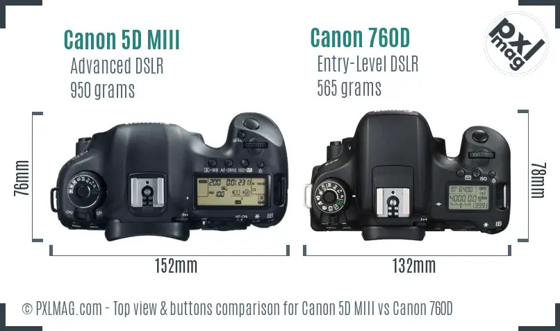 Canon 5D MIII vs Canon 760D top view buttons comparison Canon 5D MIII vs Canon 760D top view buttons comparison