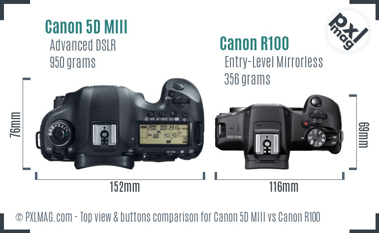 Canon 5D MIII vs Canon R100 top view buttons comparison