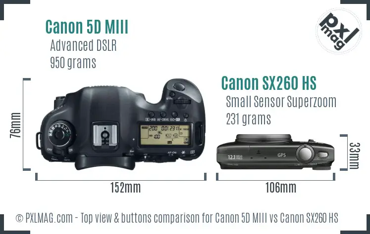 Canon 5D MIII vs Canon SX260 HS top view buttons comparison