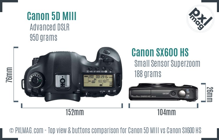 Canon 5D MIII vs Canon SX600 HS top view buttons comparison