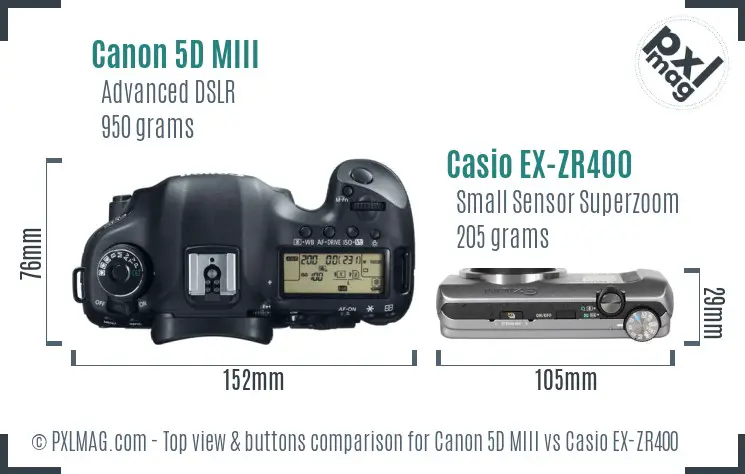 Canon 5D MIII vs Casio EX-ZR400 top view buttons comparison