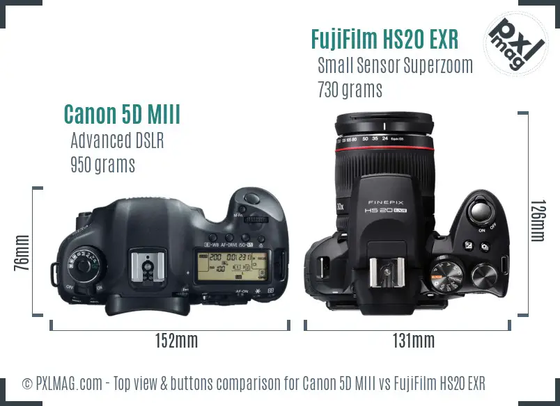 Canon 5D MIII vs FujiFilm HS20 EXR top view buttons comparison Canon 5D MIII vs FujiFilm HS20 EXR top view buttons comparison
