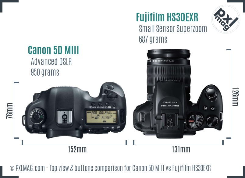 Canon 5D MIII vs Fujifilm HS30EXR top view buttons comparison