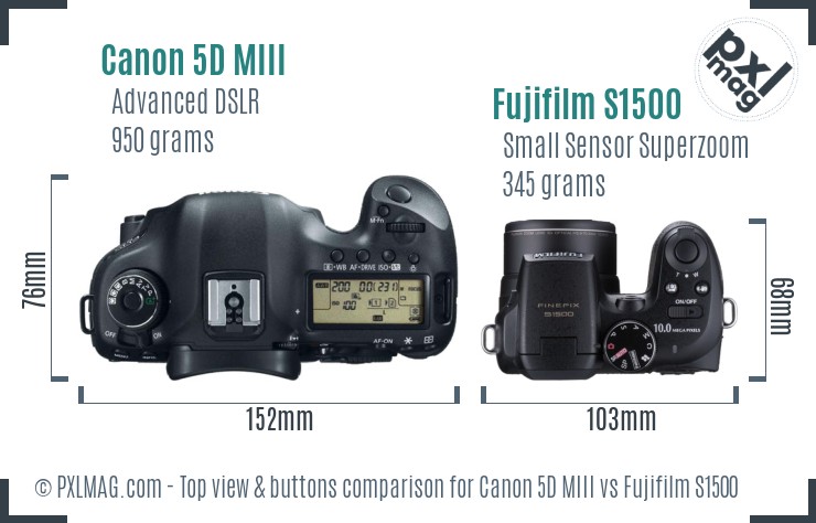 Canon 5D MIII vs Fujifilm S1500 top view buttons comparison