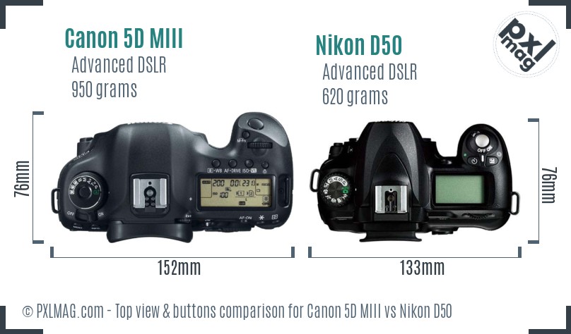 Canon 5D MIII vs Nikon D50 top view buttons comparison