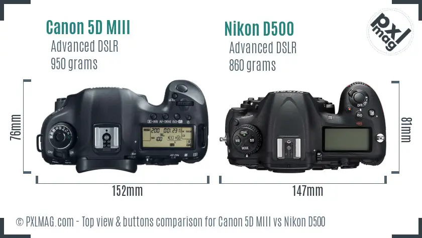 Canon 5D MIII vs Nikon D500 top view buttons comparison