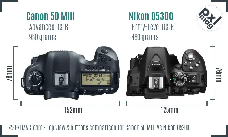 Canon 5D MIII vs Nikon D5300 top view buttons comparison