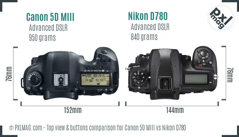 Canon 5D MIII vs Nikon D780 top view buttons comparison