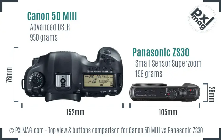Canon 5D MIII vs Panasonic ZS30 top view buttons comparison