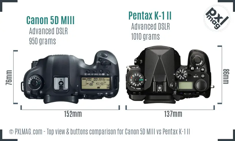 Canon 5D MIII vs Pentax K-1 II top view buttons comparison