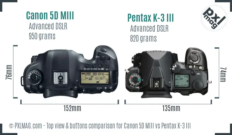 Canon 5D MIII vs Pentax K-3 III top view buttons comparison