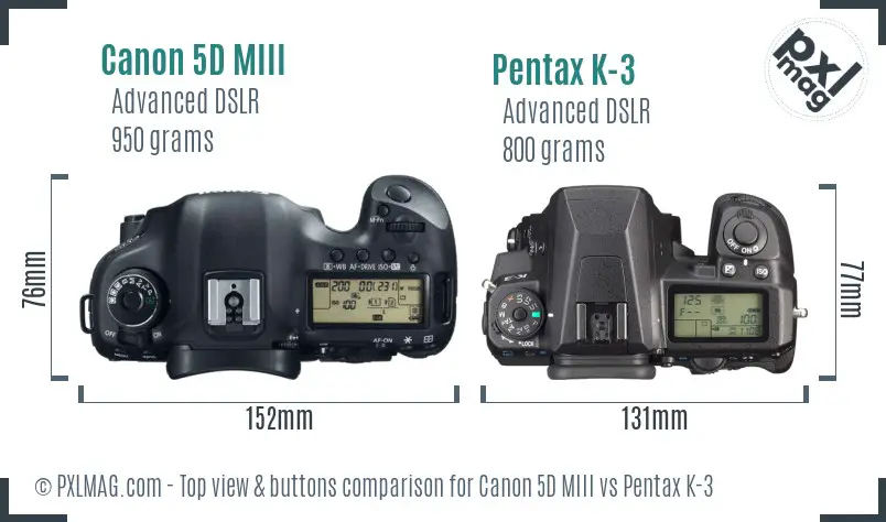 Canon 5D MIII vs Pentax K-3 top view buttons comparison