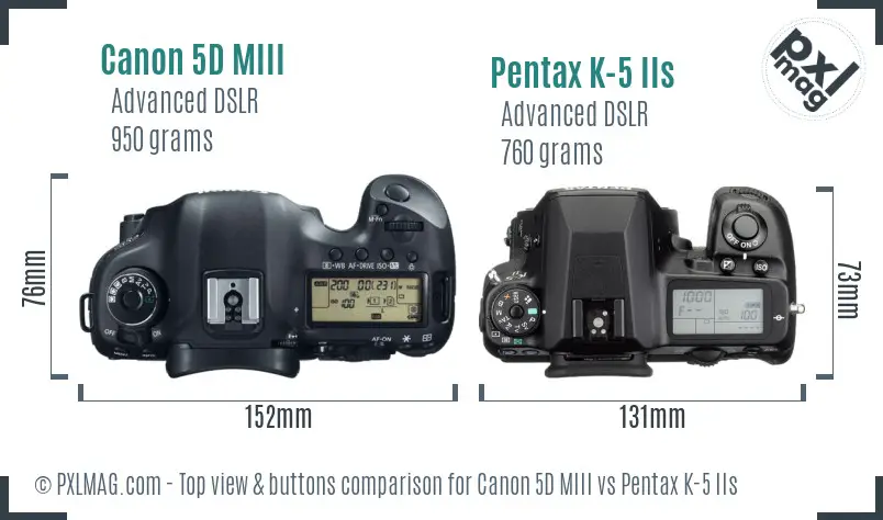 Canon 5D MIII vs Pentax K-5 IIs top view buttons comparison