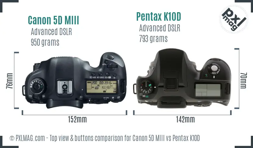 Canon 5D MIII vs Pentax K10D top view buttons comparison