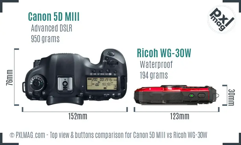 Canon 5D MIII vs Ricoh WG-30W top view buttons comparison