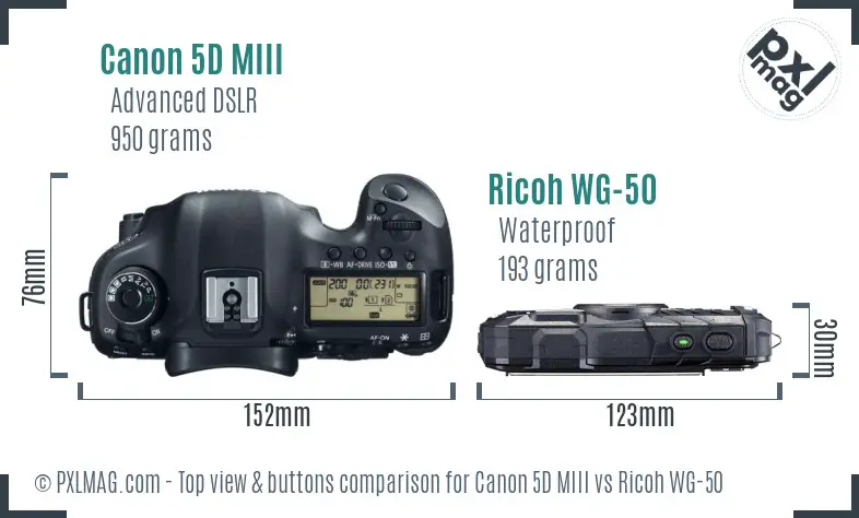 Canon 5D MIII vs Ricoh WG-50 top view buttons comparison