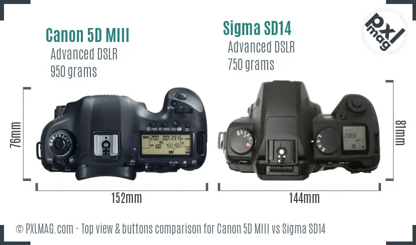 Canon 5D MIII vs Sigma SD14 top view buttons comparison
