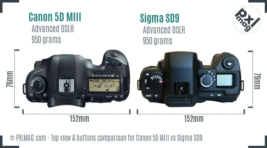 Canon 5D MIII vs Sigma SD9 top view buttons comparison