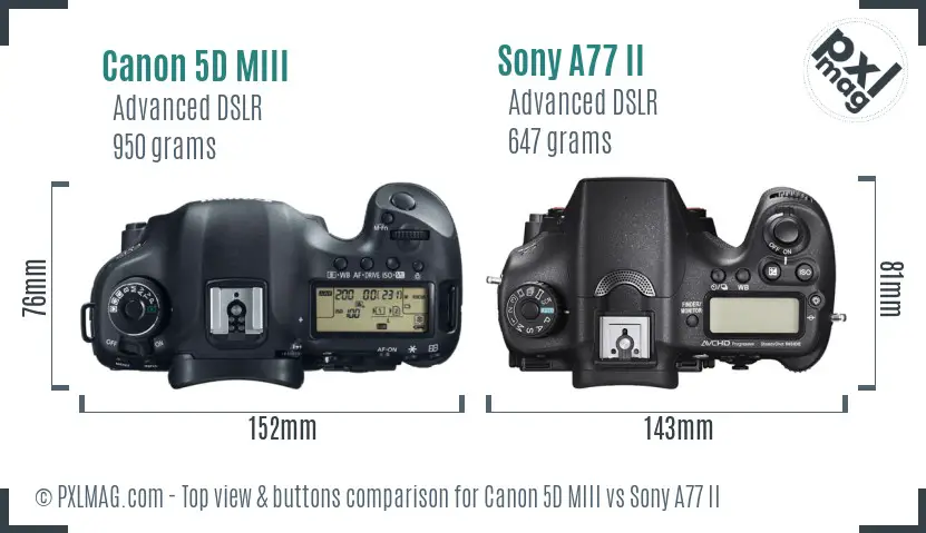 Canon 5D MIII vs Sony A77 II top view buttons comparison