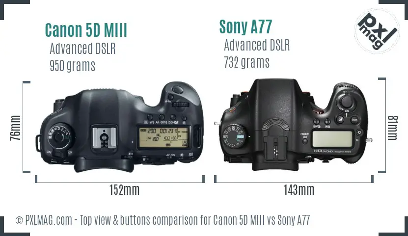 Canon 5D MIII vs Sony A77 top view buttons comparison