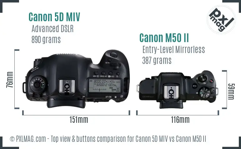 Canon 5D MIV vs Canon M50 II top view buttons comparison