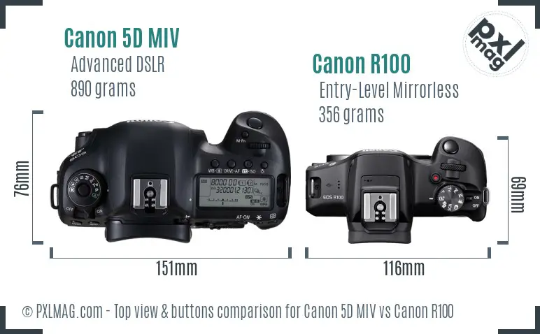 Canon 5D MIV vs Canon R100 top view buttons comparison Canon 5D MIV vs Canon R100 top view buttons comparison