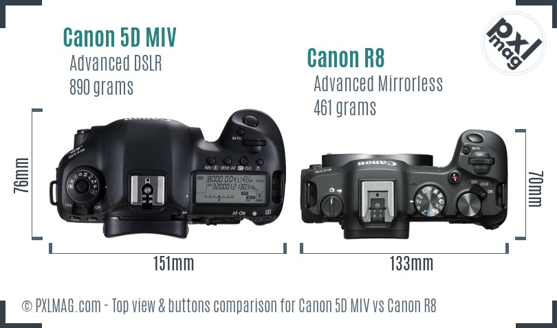 Canon 5D MIV vs Canon R8 top view buttons comparison