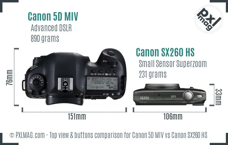 Canon 5D MIV vs Canon SX260 HS top view buttons comparison Canon 5D MIV vs Canon SX260 HS top view buttons comparison