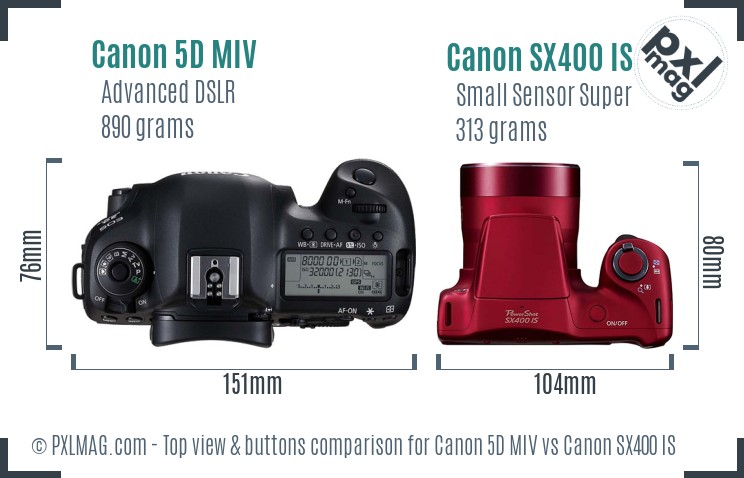 Canon 5D MIV vs Canon SX400 IS top view buttons comparison