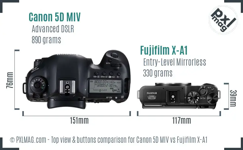 Canon 5D MIV vs Fujifilm X-A1 top view buttons comparison