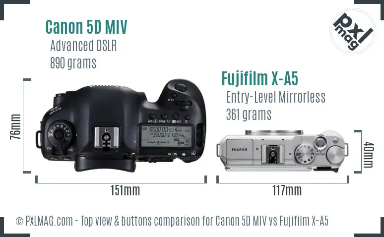 Canon 5D MIV vs Fujifilm X-A5 top view buttons comparison