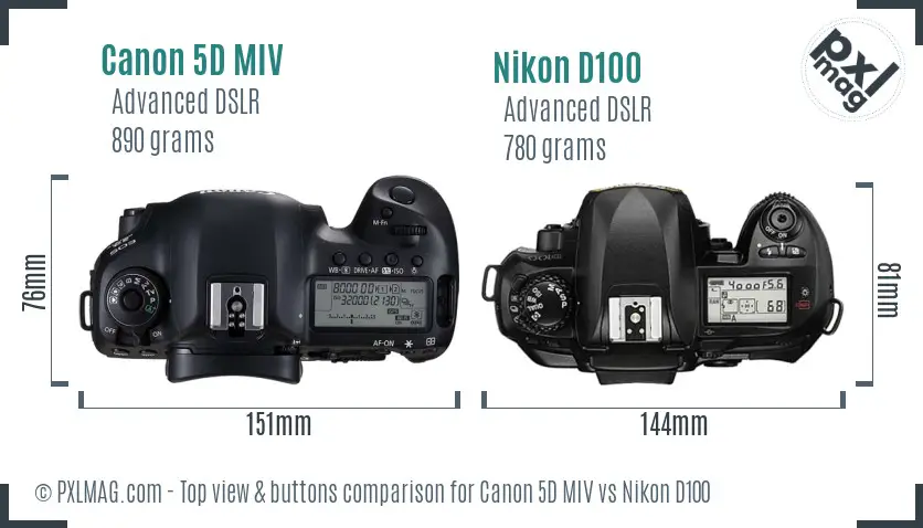 Canon 5D MIV vs Nikon D100 top view buttons comparison