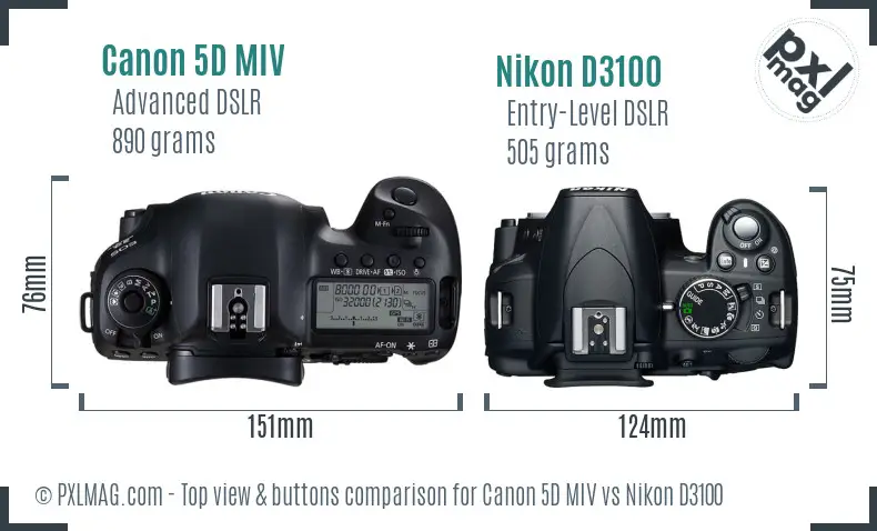 Canon 5D MIV vs Nikon D3100 top view buttons comparison