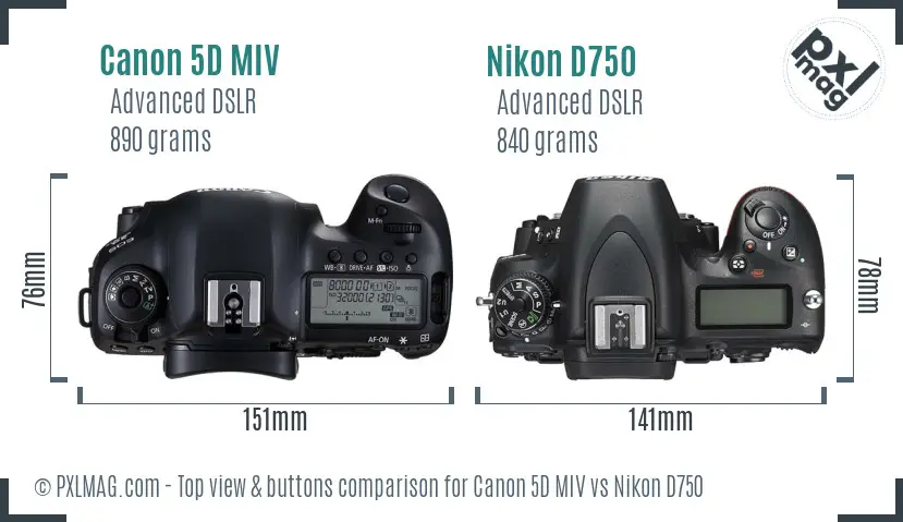 Canon 5D MIV vs Nikon D750 top view buttons comparison