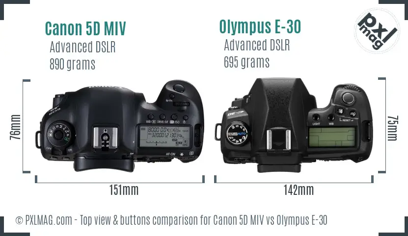 Canon 5D MIV vs Olympus E-30 top view buttons comparison