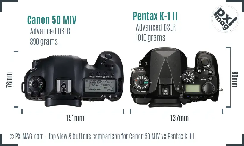 Canon 5D MIV vs Pentax K-1 II top view buttons comparison