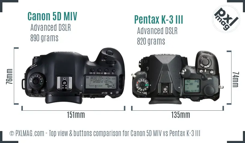 Canon 5D MIV vs Pentax K-3 III top view buttons comparison