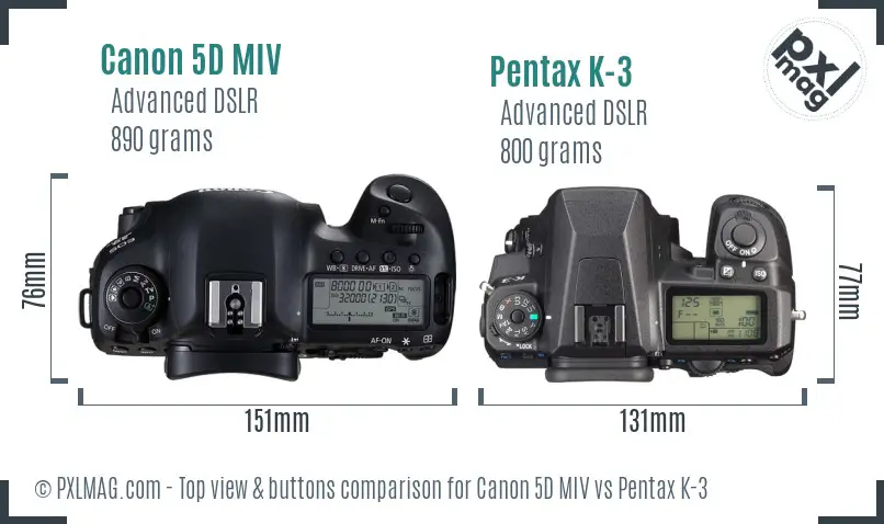Canon 5D MIV vs Pentax K-3 top view buttons comparison