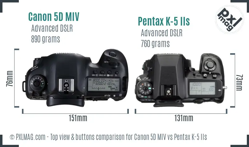 Canon 5D MIV vs Pentax K-5 IIs top view buttons comparison
