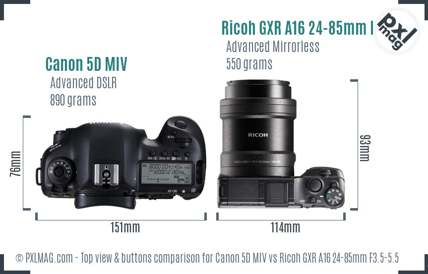 Canon 5D MIV vs Ricoh GXR A16 24-85mm F3.5-5.5 top view buttons comparison