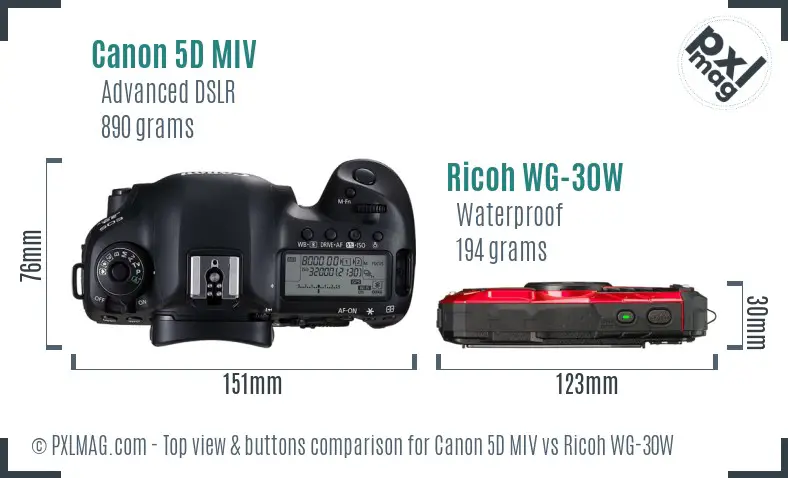 Canon 5D MIV vs Ricoh WG-30W top view buttons comparison