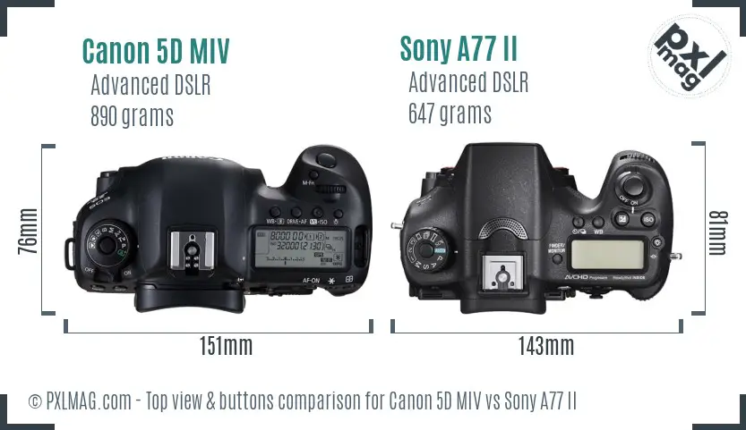 Canon 5D MIV vs Sony A77 II top view buttons comparison
