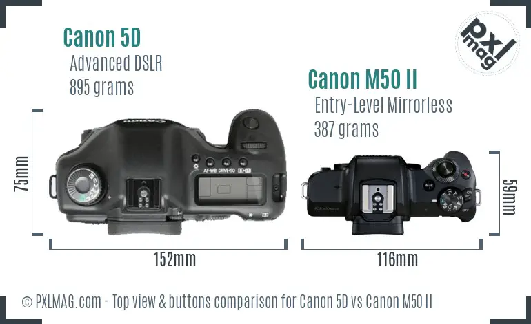 Canon 5D vs Canon M50 II top view buttons comparison Canon 5D vs Canon M50 II top view buttons comparison