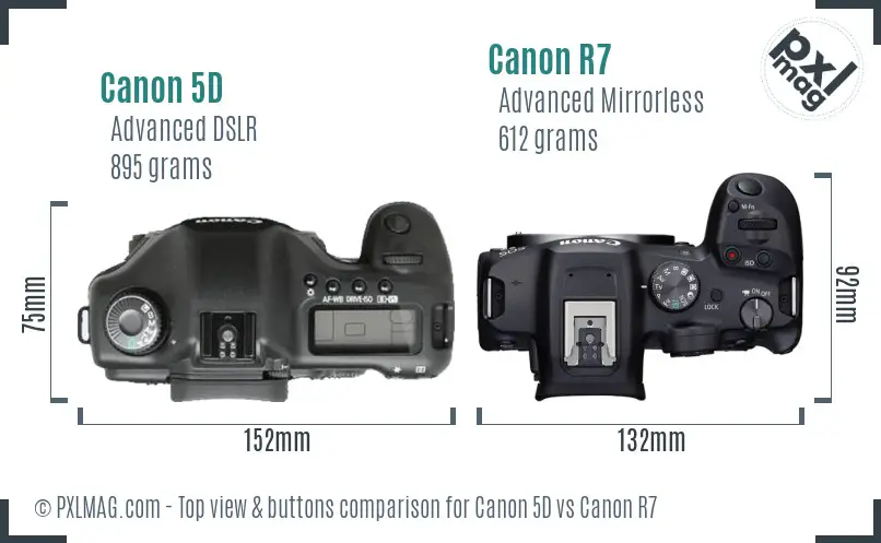 Canon 5D vs Canon R7 top view buttons comparison Canon 5D vs Canon R7 top view buttons comparison