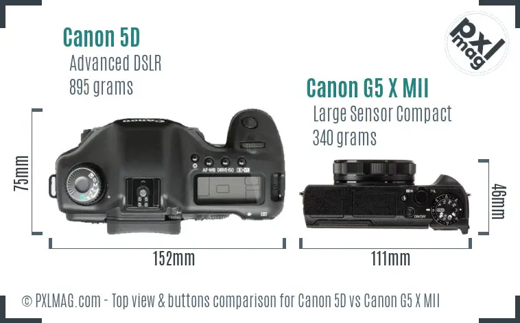Canon 5D vs Canon G5 X MII top view buttons comparison