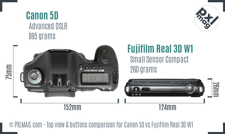 Canon 5D vs Fujifilm Real 3D W1 top view buttons comparison