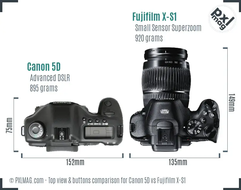 Canon 5D vs Fujifilm X-S1 top view buttons comparison